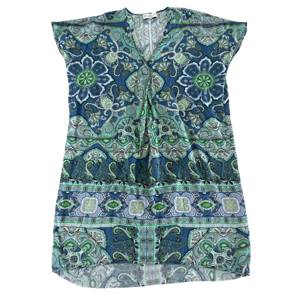 Hale Bob Women's Paisley Print V Neck Short Sleeve Charmeuse Dress Washed Silk S